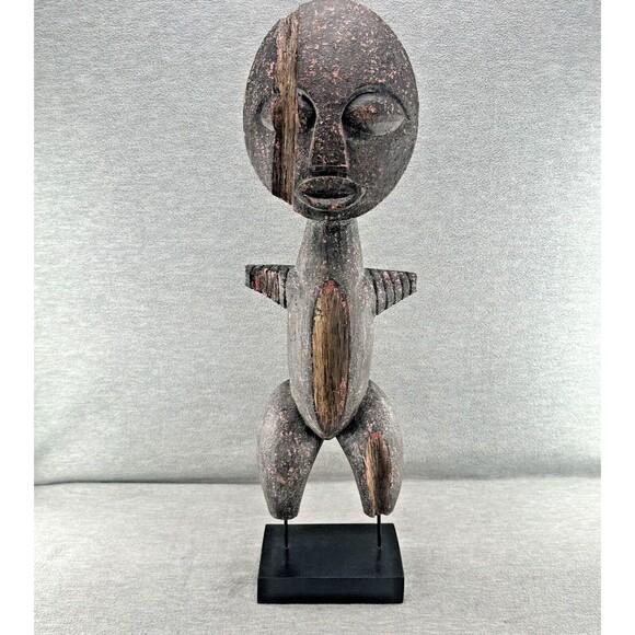 Hand Carved Black Wooden Primitive Sculpture On Stand 26 Tall